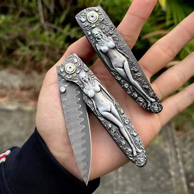 Double Sided Engraved Vintage Handle Folding Damascus Outdoor Pocket Tool