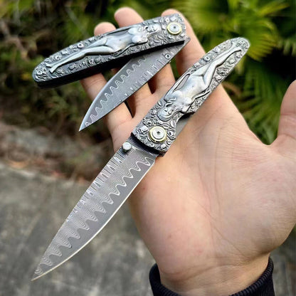 Ferramenta dobrável de bolso para exterior em aço Damasco, com cabo vintage gravado dos dois lados