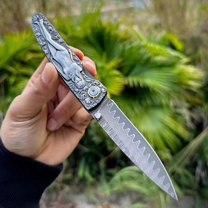 Double Sided Engraved Vintage Handle Folding Damascus Outdoor Pocket Tool