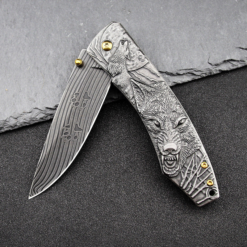 Wolf-Embossed Handle Folding Outdoor Camping Pocket EDC Tool