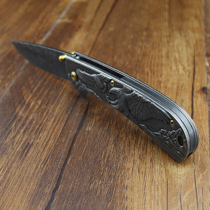 Outil EDC de poche pliable pour extérieur avec manche embossé mouton, aigle et cheval