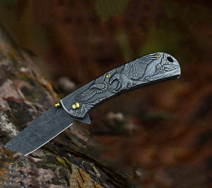 Outil EDC de poche pliable pour extérieur avec manche embossé mouton, aigle et cheval