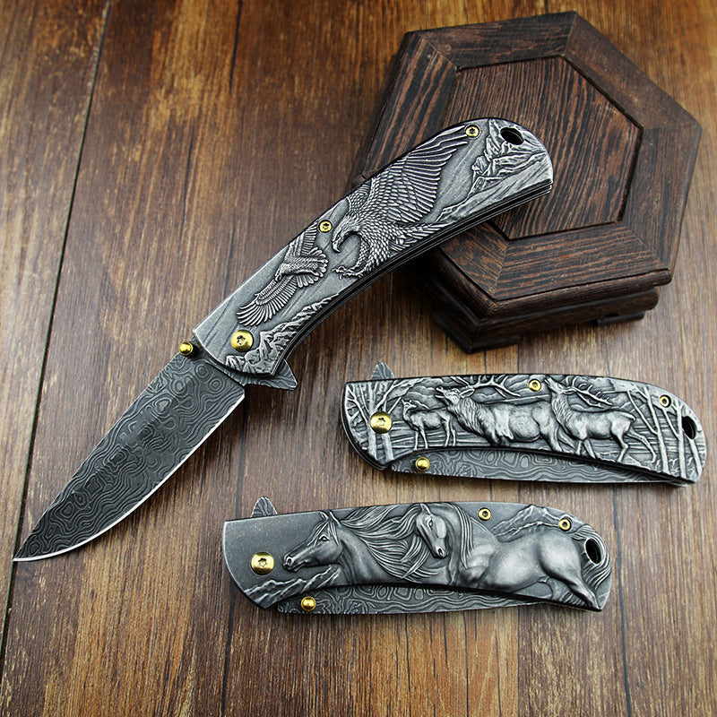 Sheep Eagle Horse-Embossed Handle Folding Outdoor Pocket EDC Tool
