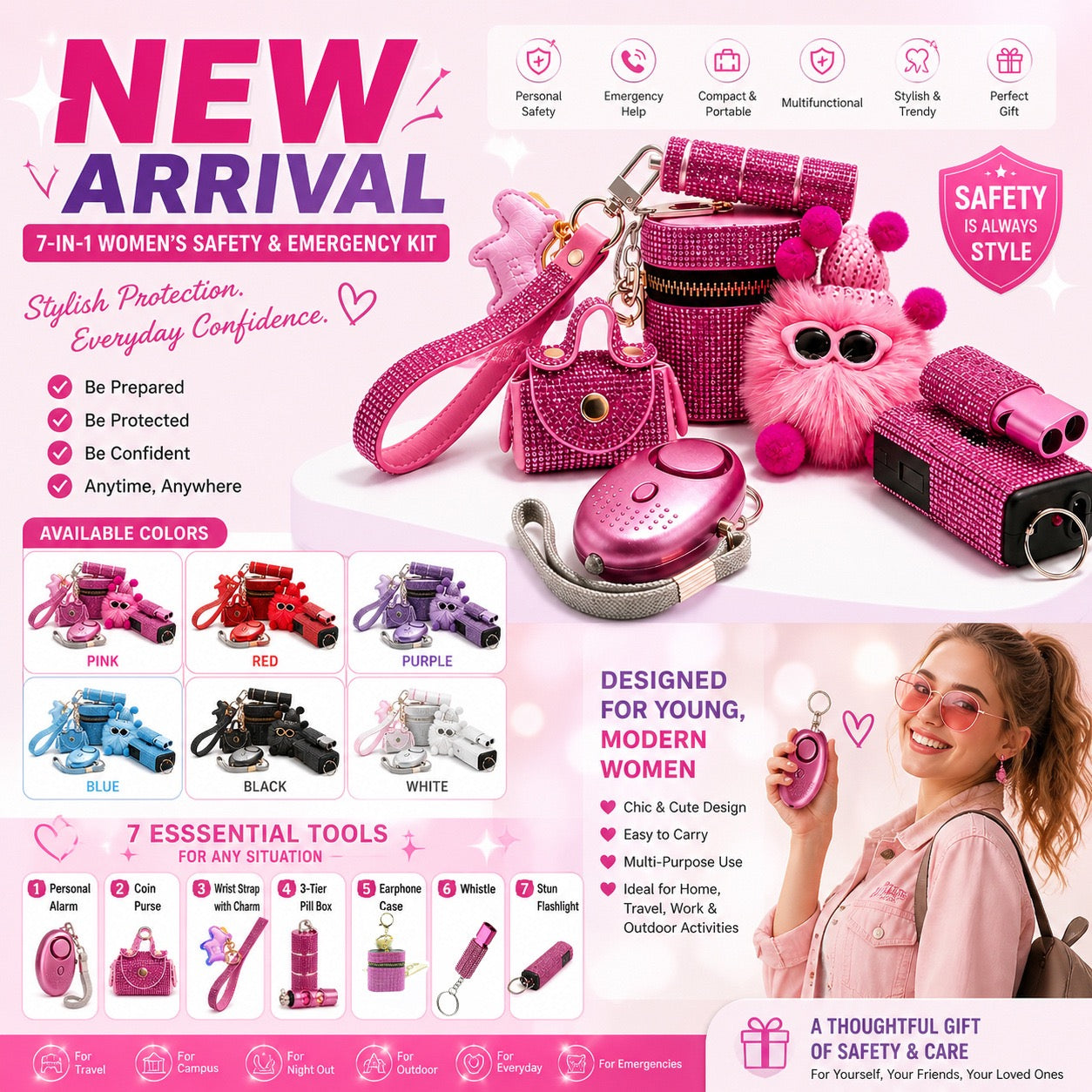 7-in-1 Women's Self-Defense Alarm Kit Personal Alarm