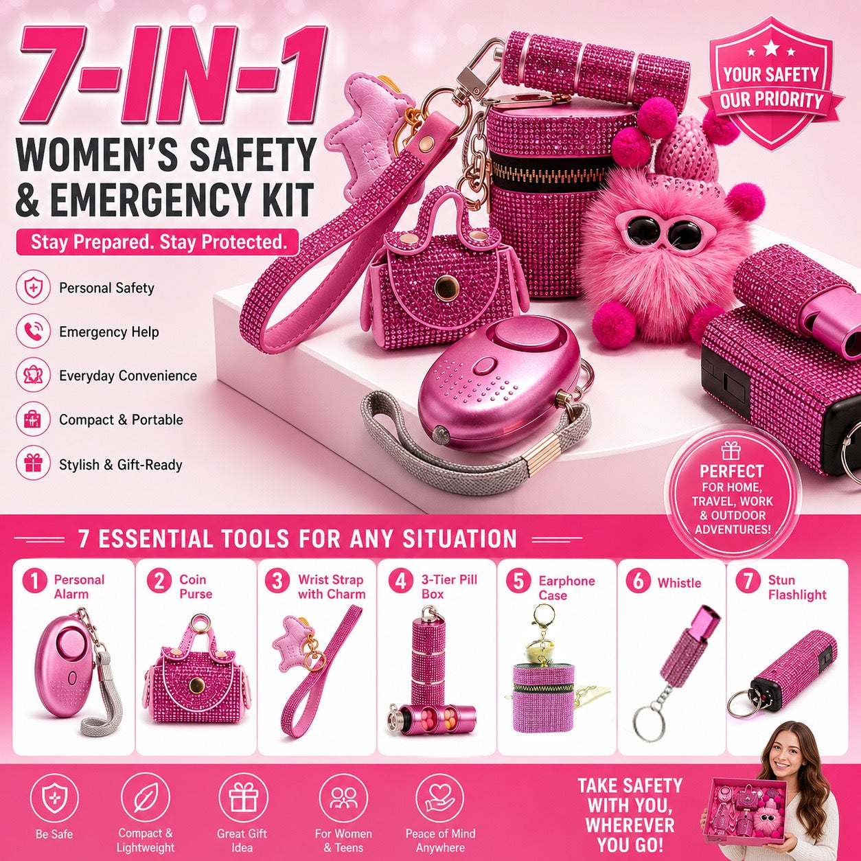 7-in-1 Women's Self-Defense Alarm Kit Personal Alarm