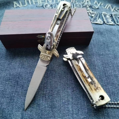 Utensile portatile da esterno con piccolo manico in corno di cervo e acciaio D2
