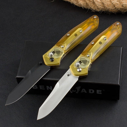 BM940 Herramienta plegable para exteriores de acero D2 con mango amarillo transparente