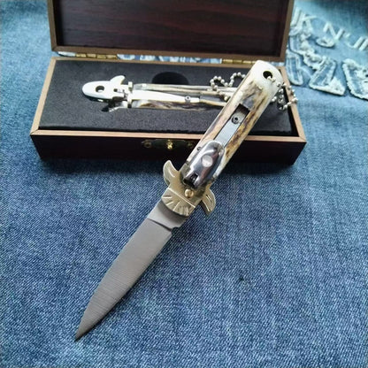 Utensile portatile da esterno con piccolo manico in corno di cervo e acciaio D2