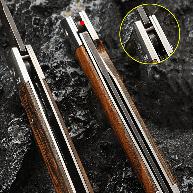 Wood Handle Folding Damascus Pattern Pocket Tool