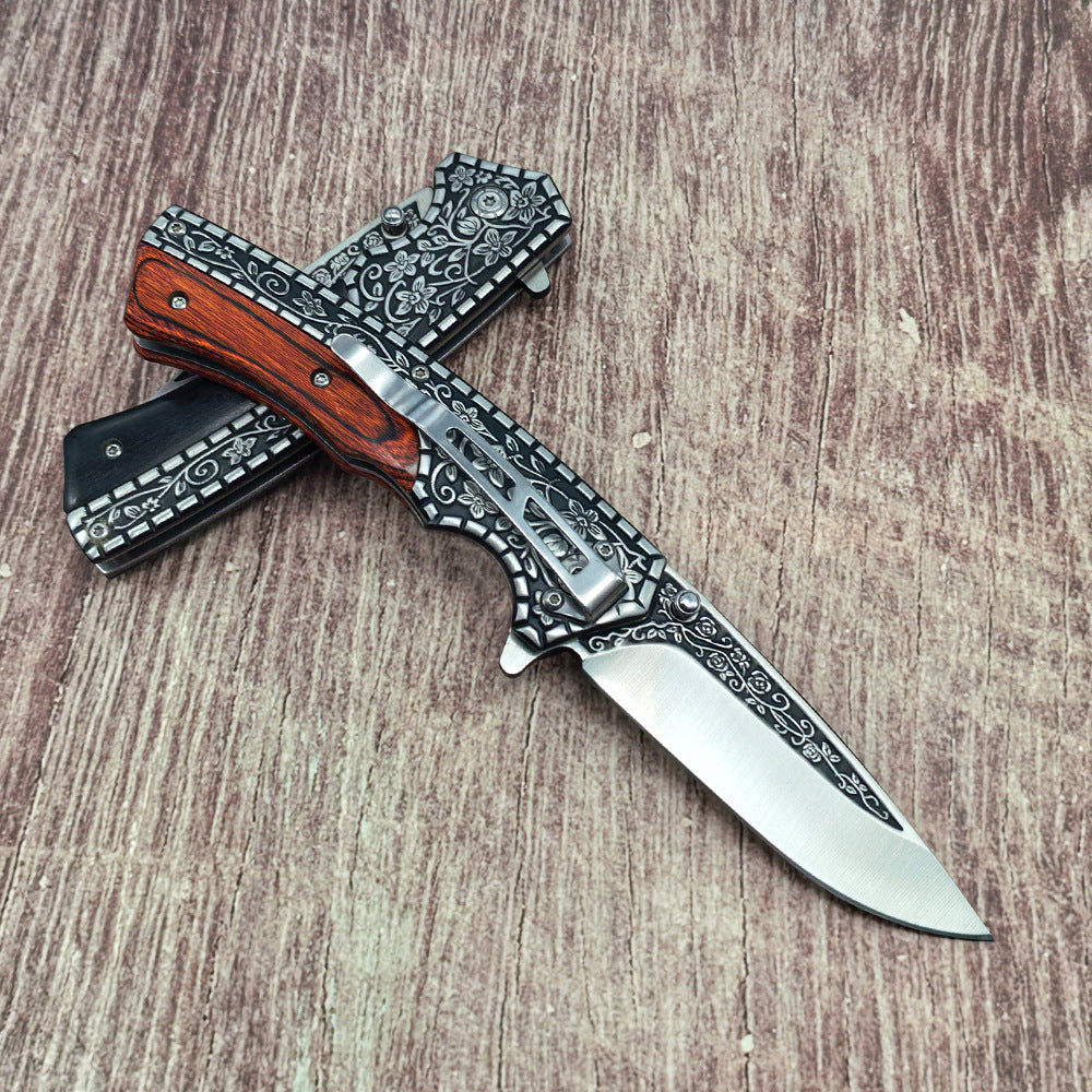 J21 440 Steel Carved Wooden Handle Folding Outdoor Tools