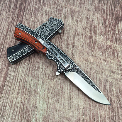 J21 440 Steel Carved Wooden Handle Folding Outdoor Tools