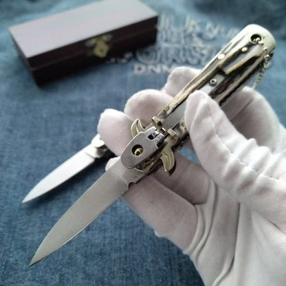 Utensile portatile da esterno con piccolo manico in corno di cervo e acciaio D2