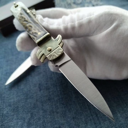 Utensile portatile da esterno con piccolo manico in corno di cervo e acciaio D2