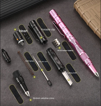 Ferramenta EDC multifunções de exterior em forma de caneta, com iluminação LED e bolso