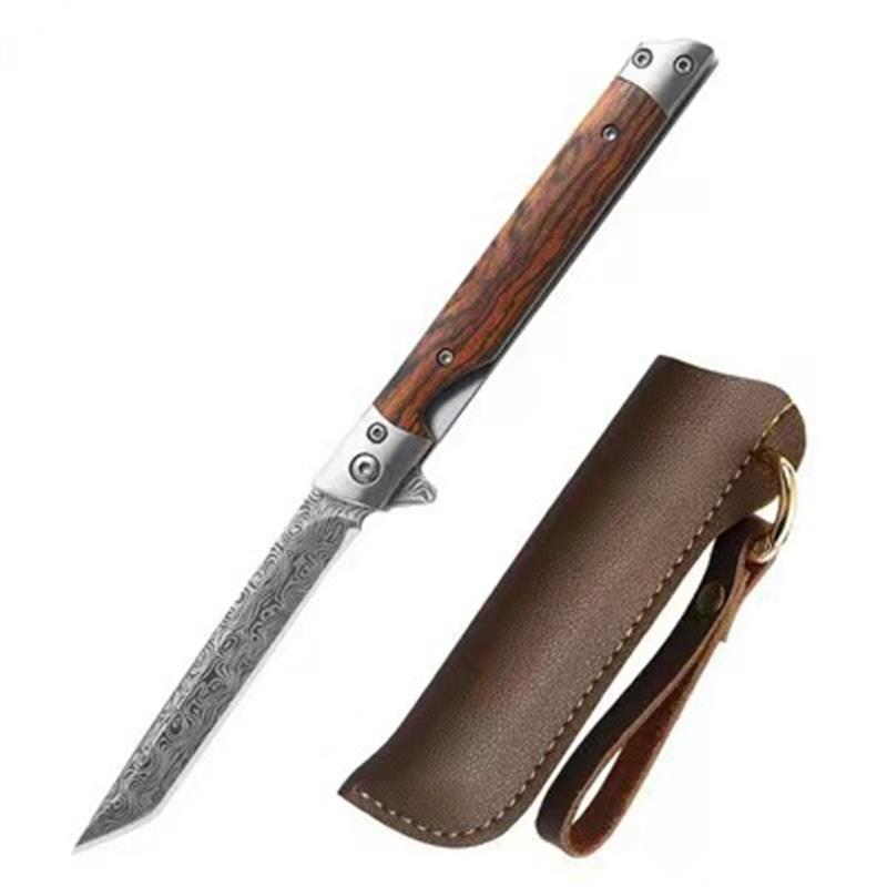 Wood Handle Folding Damascus Pattern Pocket Tool