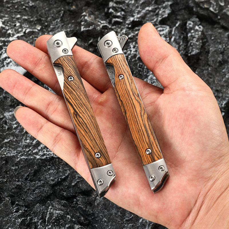 Wood Handle Folding Damascus Pattern Pocket Tool