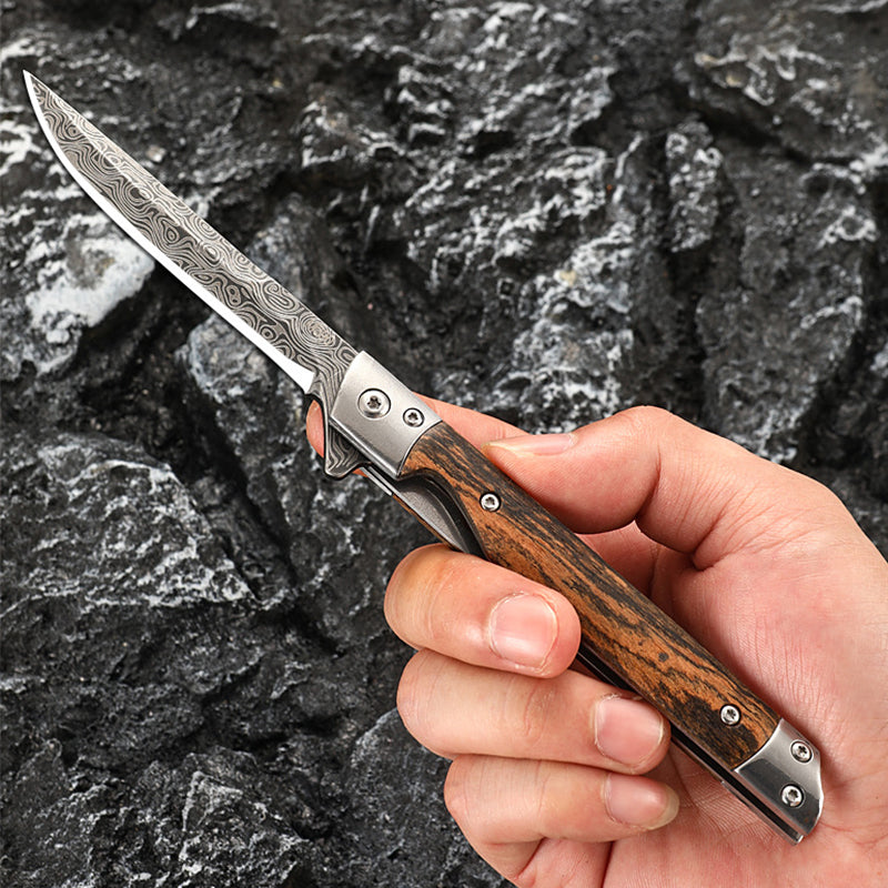 Wood Handle Folding Damascus Pattern Pocket Tool