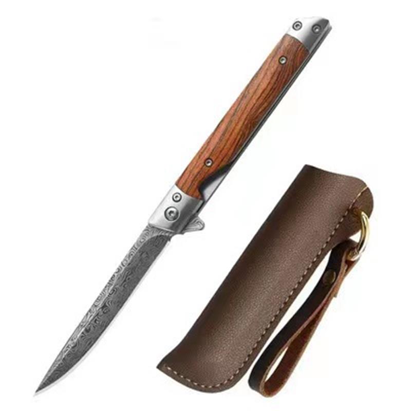 Wood Handle Folding Damascus Pattern Pocket Tool