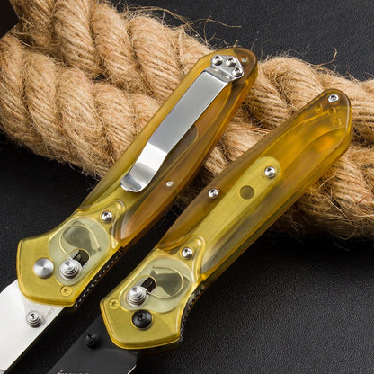 BM940 Herramienta plegable para exteriores de acero D2 con mango amarillo transparente